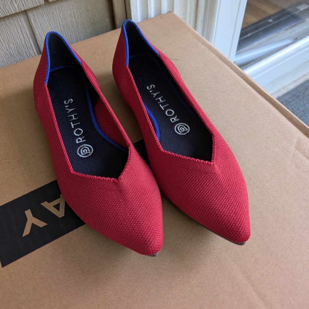 Rothy's Vibrant Red Flats with Blue Trim